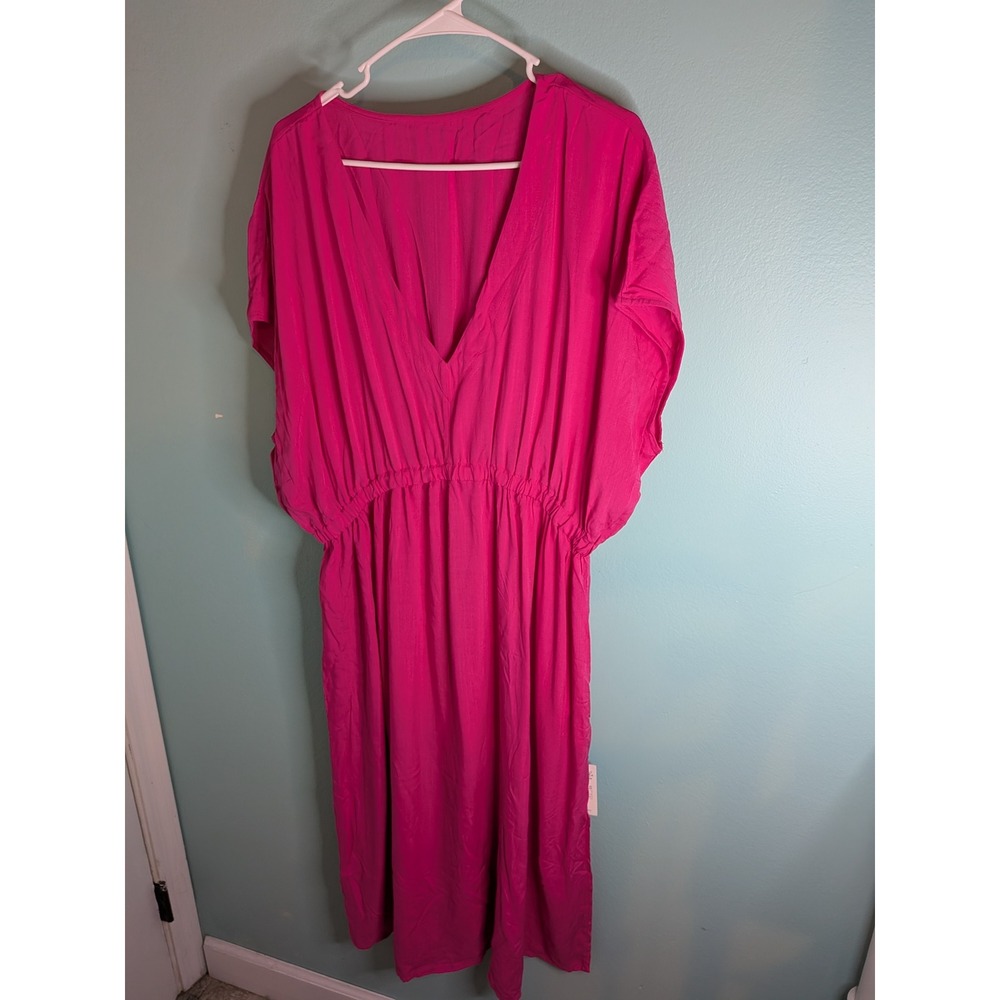 Cupshe Magenta Pink V-Neck Elastic Waist Midi Dress Short Sleeve Rayon NWT